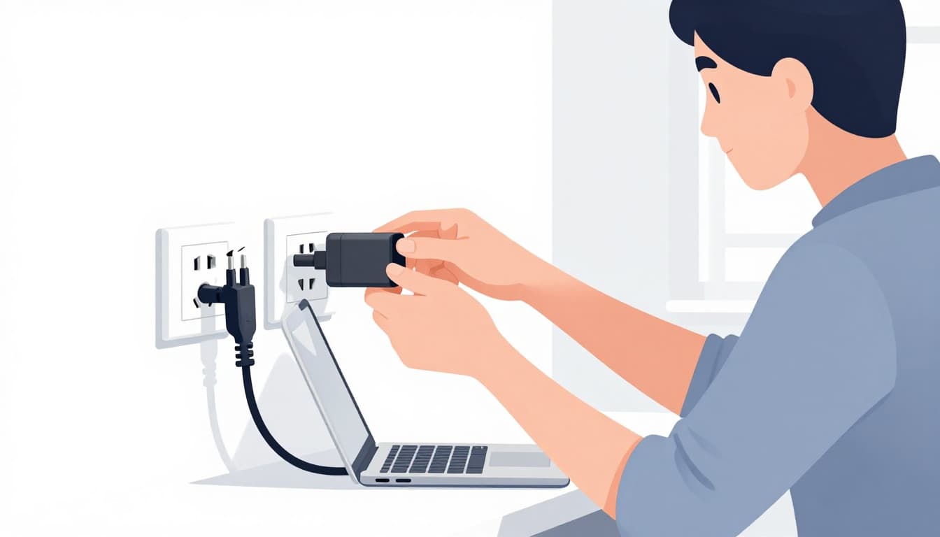 Modern illustration of one person in a bright home office plugging a laptop charger into two different wall outlets and examining the power cable for frays, side view with natural daylight and soft blues, grays, whites.