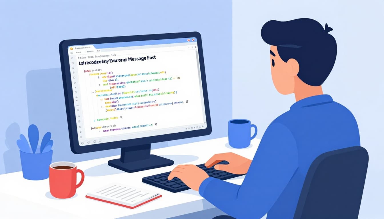 Modern side-angle illustration of a lone programmer at a desk, staring at a computer screen with a colorful stack trace error in the terminal, accompanied by a coffee mug and notebook in blue and red tones.