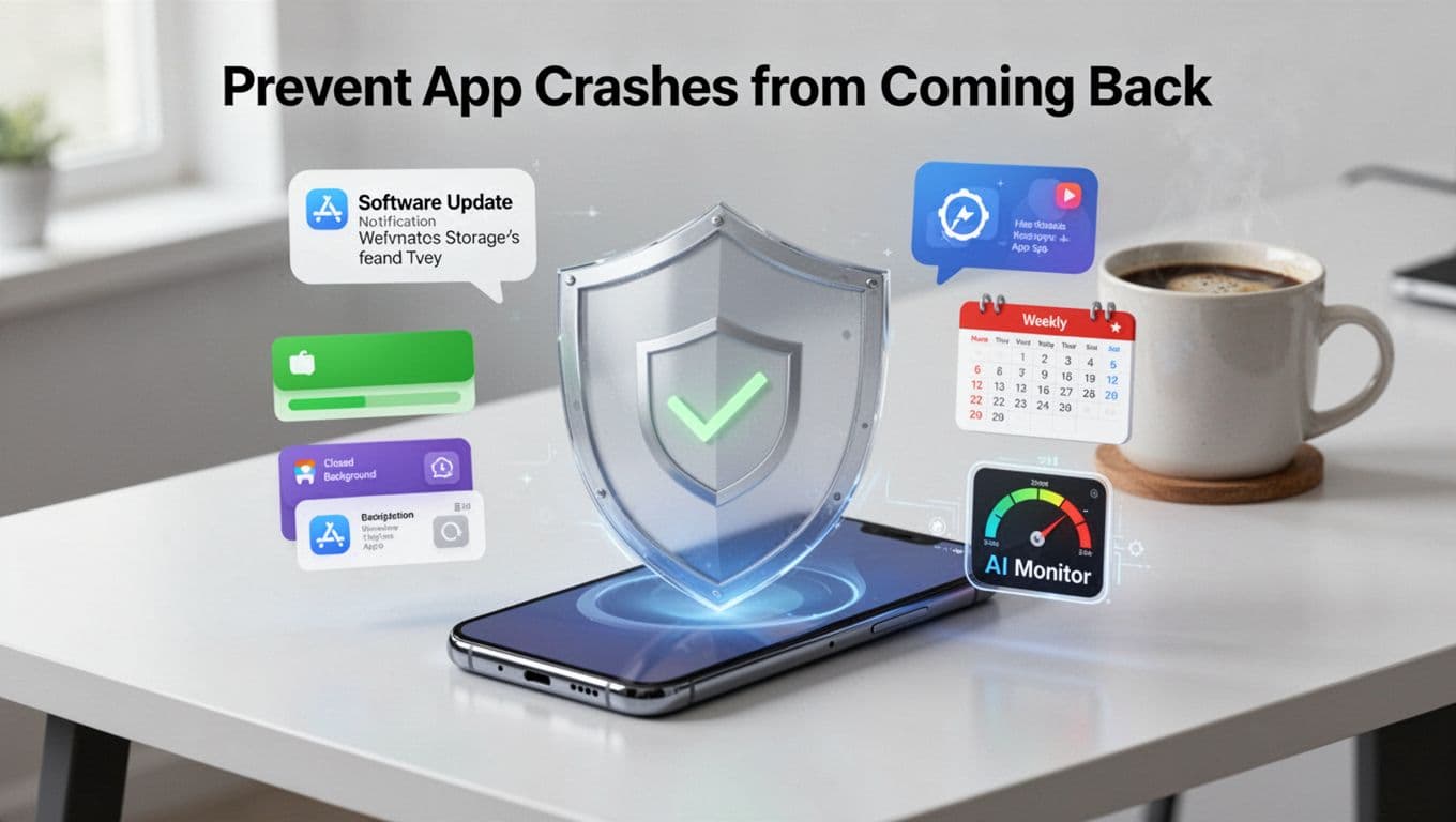 Modern illustration of a smartphone protected by a subtle shield on a clean desk, surrounded by floating icons for software update notifications, green storage bars, closed background apps, weekly calendar marks, and AI monitor gauges, with a coffee mug nearby.