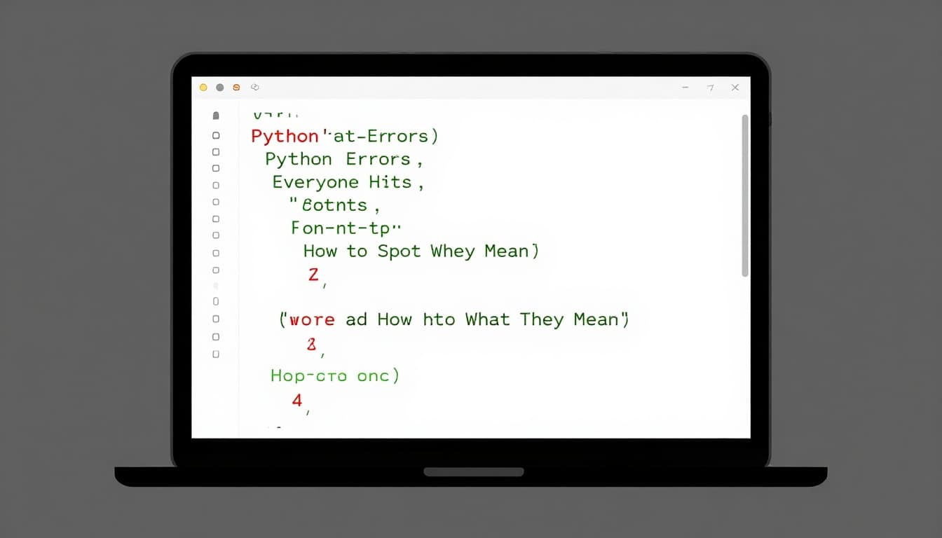 Modern illustration of a Python code snippet displayed on a laptop screen in a simple IDE window, featuring IndentationError highlighted in red against green code text. Includes a nearby notebook, clean shapes, and a controlled color palette, with strong composition and no extraneous elements.