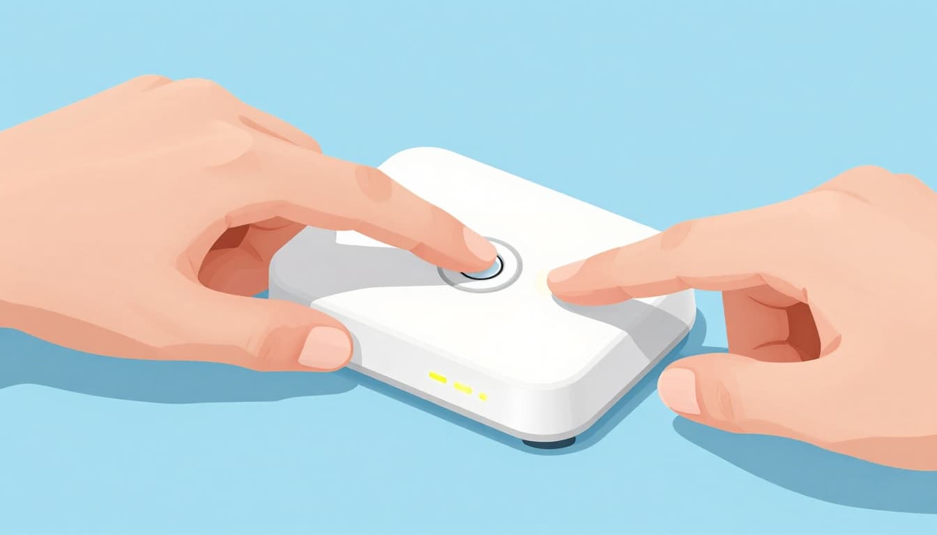Close-up of a hand using a paperclip to press the recessed reset button on the back of a powered-on white router in a desk setting.