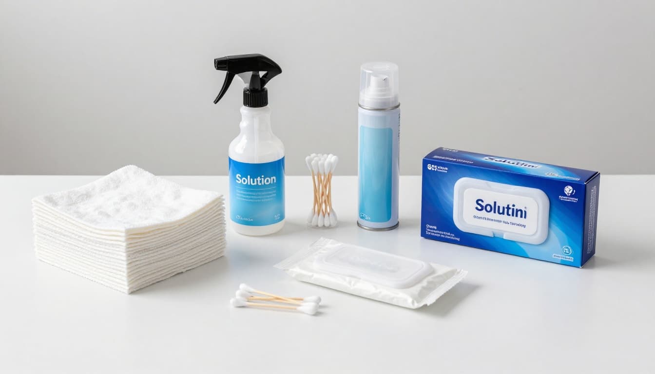 Top-down view on a clean white table showing neatly arranged microfiber cloths, solution spray bottle, cotton swabs, compressed air can, and screen-safe wipes for safe electronics cleaning.