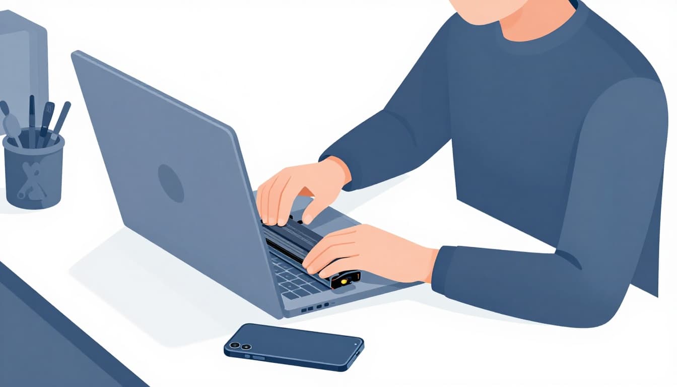 Modern illustration of a person carefully removing and reseating a laptop battery at a workbench desk, with a phone charging nearby. Features clean shapes, soft blues, grays, and whites, overhead slight angle view, and relaxed hands.