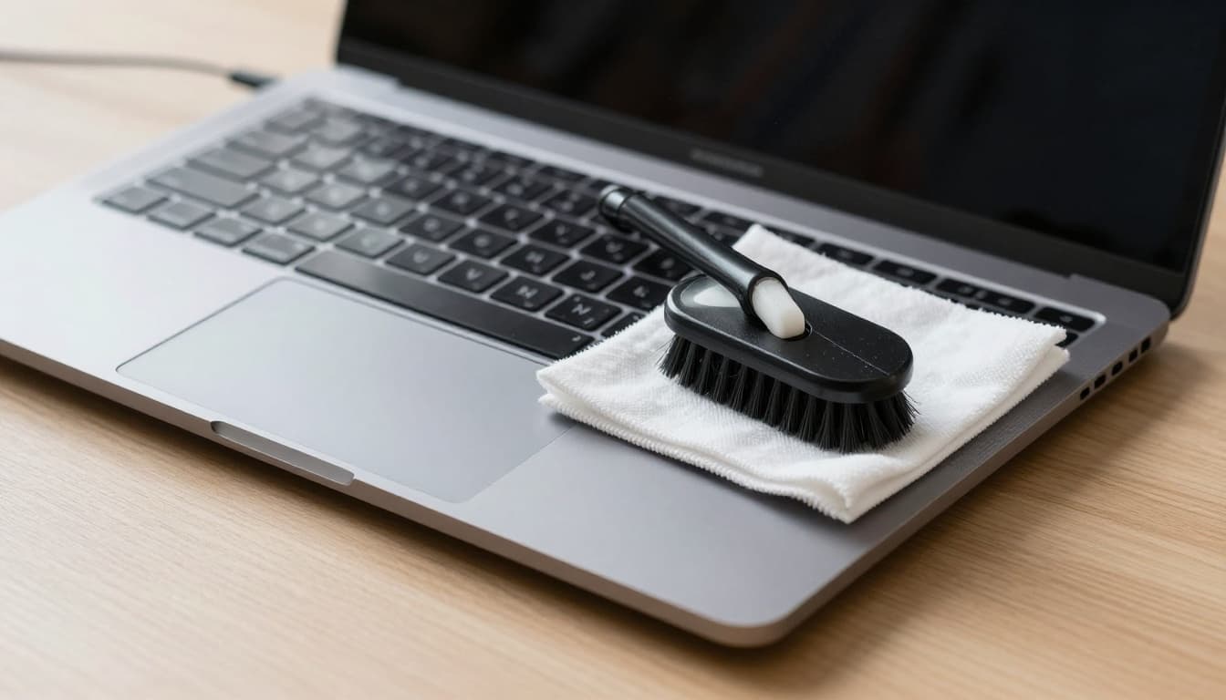 Unplugged and powered-off laptop on a desk, with keyboard keys brushed using a soft brush, compressed air can blowing dust from crevices, and microfiber cloth wiping the touchpad, in natural office lighting.