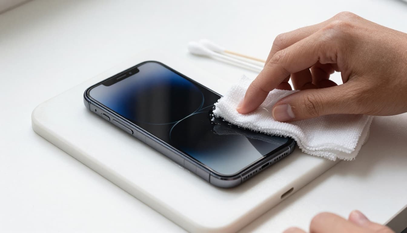 Clean workspace with a powered-off smartphone screen facing up, case removed beside it, and a microfiber cloth dampened with alcohol wiping the screen in a gentle circular motion. Cotton swabs are nearby for edges, illuminated by bright natural light in a realistic photo style.