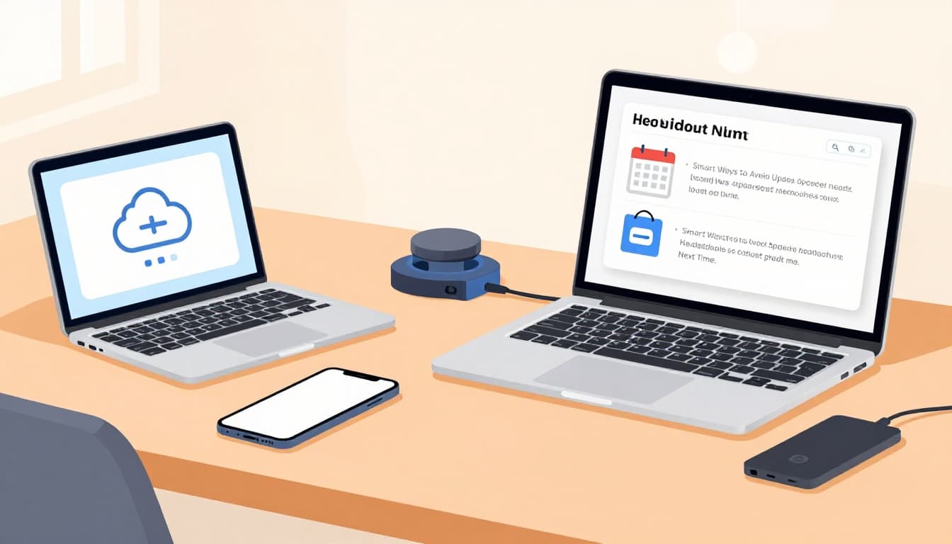 Modern illustration of a smartphone and laptop on a home desk setup, featuring backup icons for cloud sync and external drive, plus a calendar showing paused updates. Clean shapes, controlled colors, strong composition, even lighting, devices only with no people, text, or clutter.