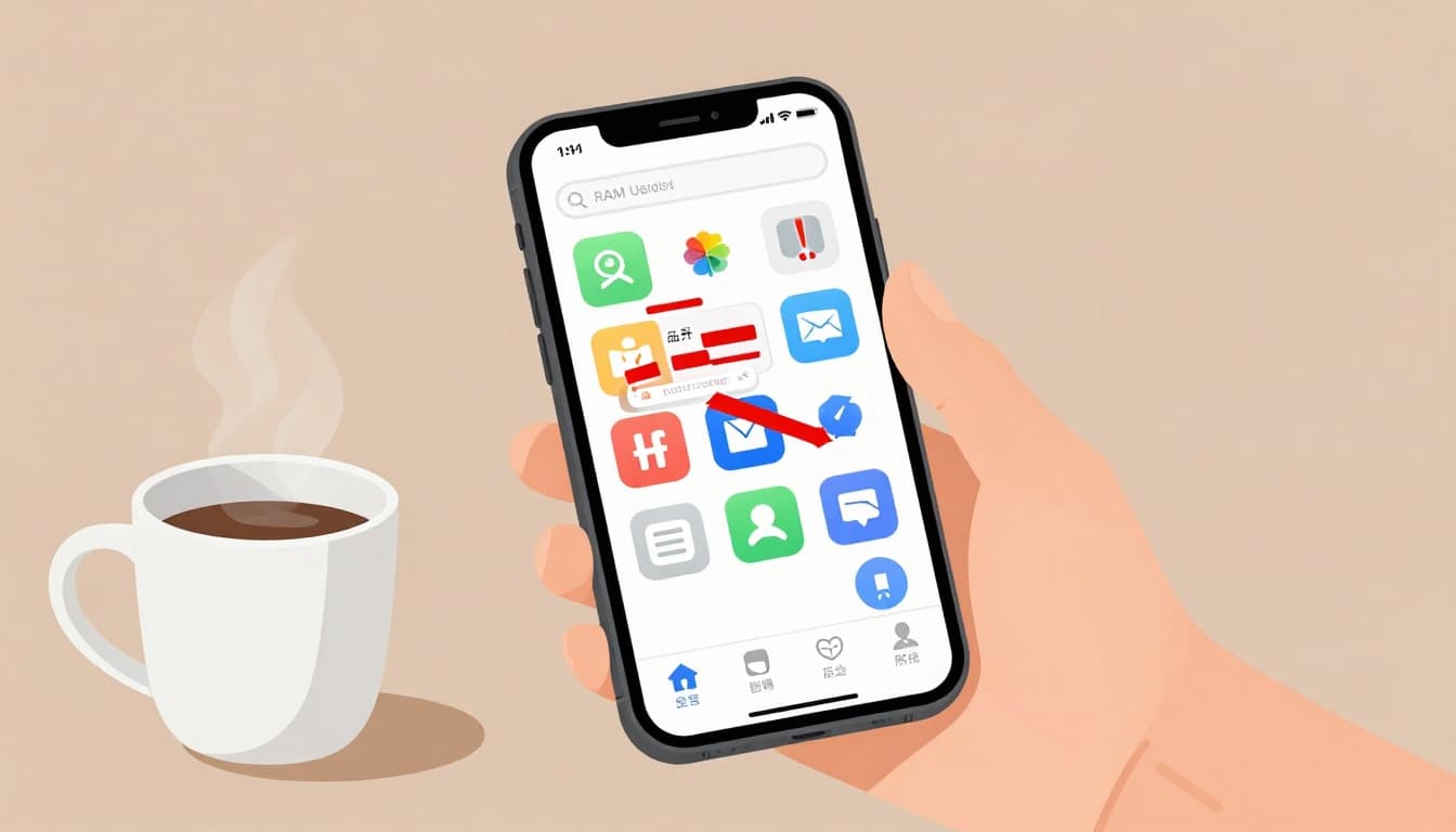 Modern illustration of a smartphone cluttered with file icons piling up, multiple app windows open with red-filling memory bars, and a subtle crash symbol, held in hands on a desk with coffee mug.