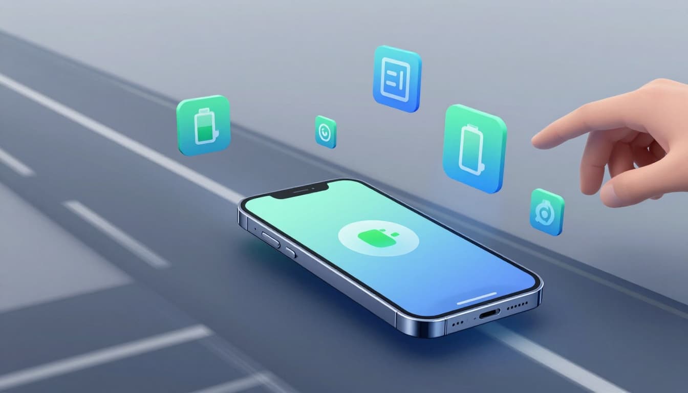 A smartphone speeds along a digital highway with dynamic speed lines and floating icons for AI code assistant, battery saver, and dark mode, in a modern illustration using clean shapes in blues and greens.