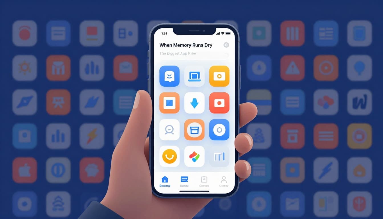 Close-up illustration of a single smartphone screen with overflowing RAM bars, frozen and lagging app icons, and digital overload effects in the background.