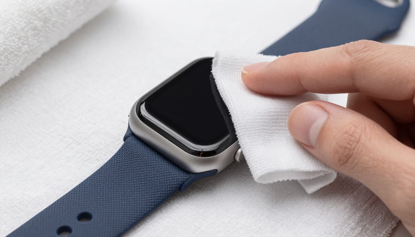 Close-up realistic photo of a smartwatch with band removed, face being wiped with damp microfiber cloth, lint roller on nearby fabric band drying on clean towel, soft lighting, one device only.