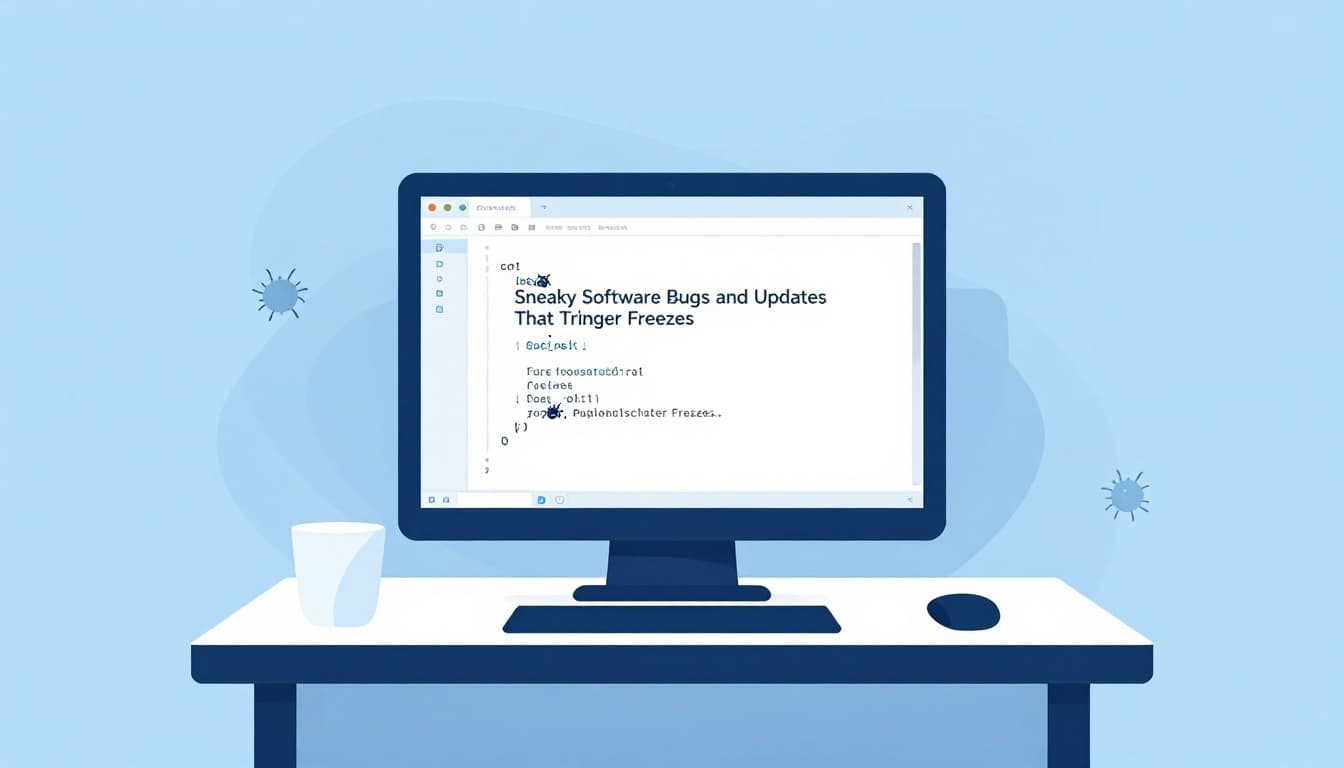 Modern illustration featuring a frozen computer screen on a simple desk in a quiet office, with subtle bug icons crawling out from code lines against a light blue background and muted palette.