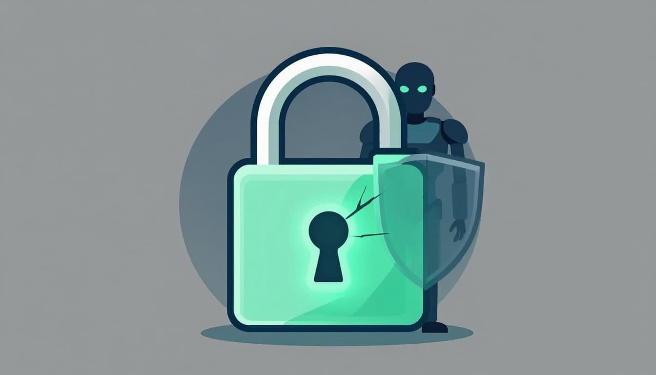 Strong digital padlock sealed by glowing software patch fixing a crack from hacker attack, shadowy AI robot blocked by shield, modern illustration in blues and greens on gray background.