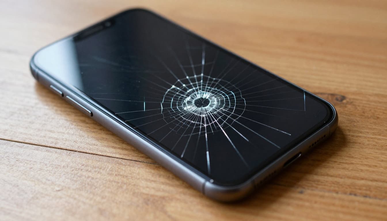 A smartphone featuring a large spiderweb cracked screen with visible shards lies on a wooden table under natural daylight, captured in realistic close-up photography focusing on the damage.