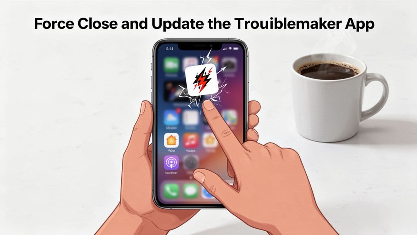 Modern illustration of a hand holding a smartphone displaying the recent apps screen, with a finger swiping upwards to dismiss a crashing app card featuring a subtle crash icon, set against a clean workspace background with a nearby coffee mug.