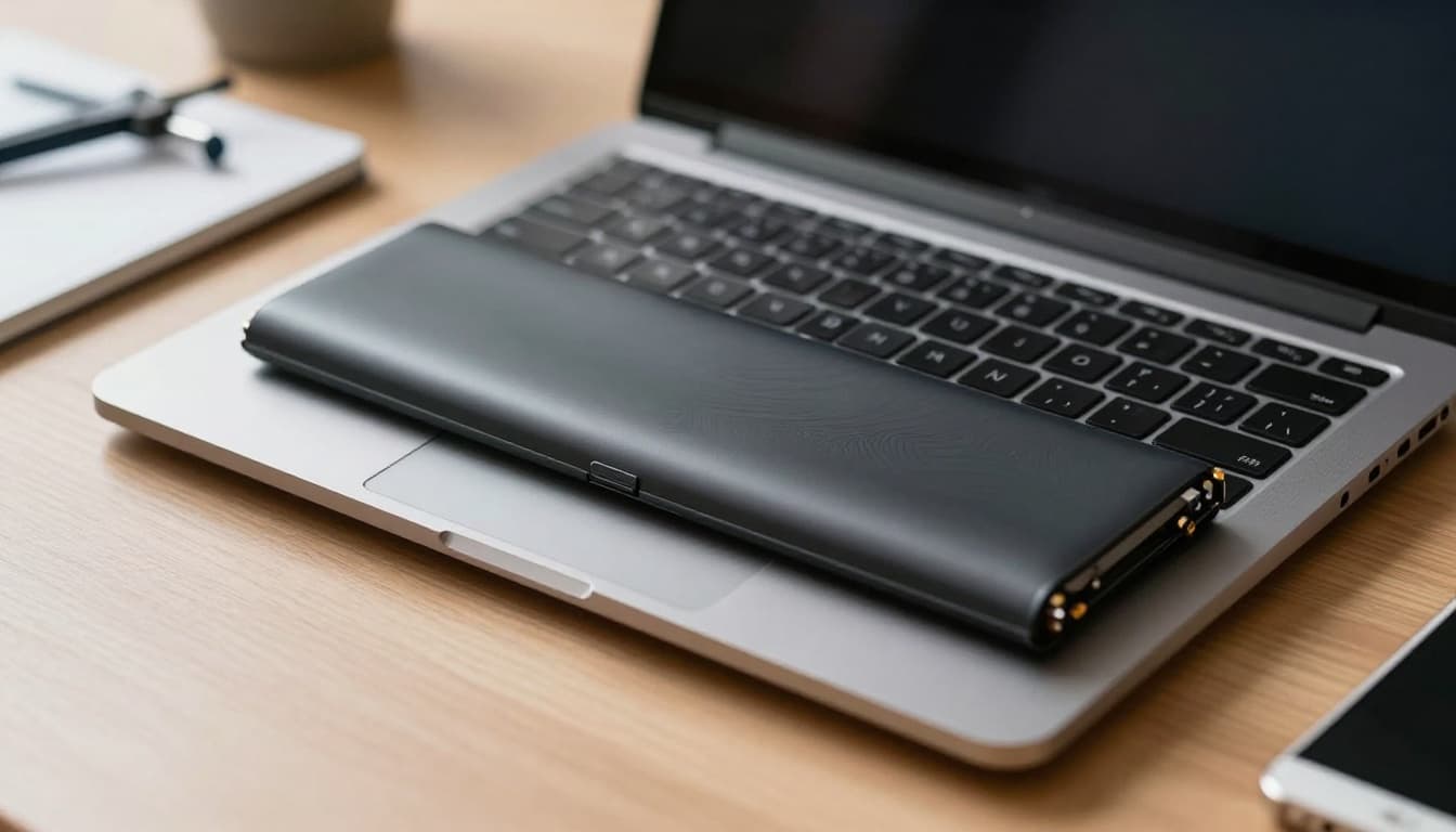 Photorealistic side-angle view of a laptop with its battery slightly swelling out of the case, placed on a desk with nearby tools under soft office lighting. No people, text, brands, extra devices, letterboxing, or borders; content fills the entire frame.