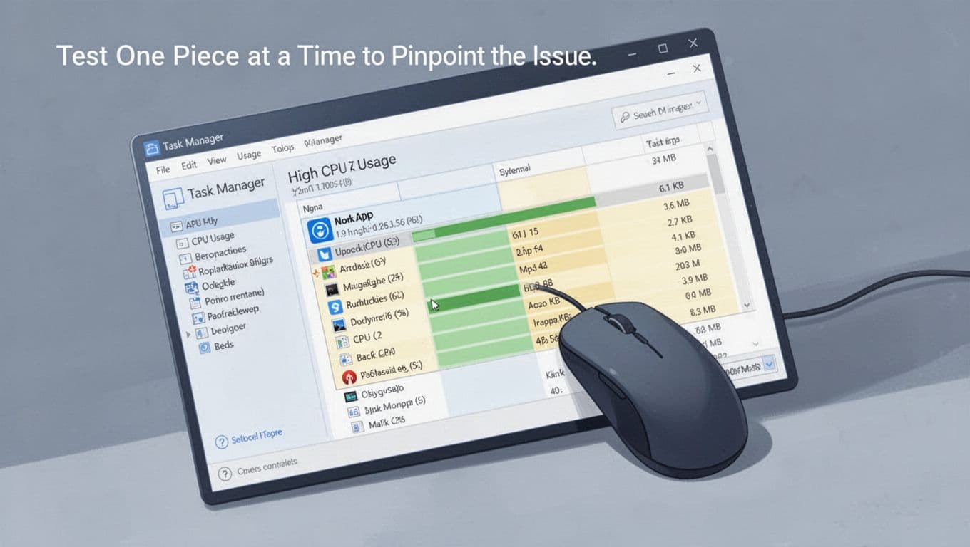 Modern illustration of a computer task manager window showing high CPU usage by one app, with a mouse cursor hovering over it, in a clean blue-gray palette with angled screen.