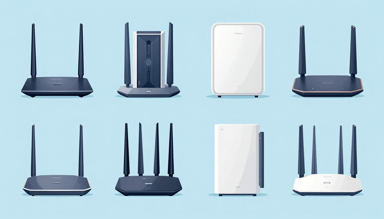 Modern illustration featuring four popular routers from TP-Link, Netgear, and Asus arranged on a shelf with soft blue background, pastel palette, and subtle perspective.