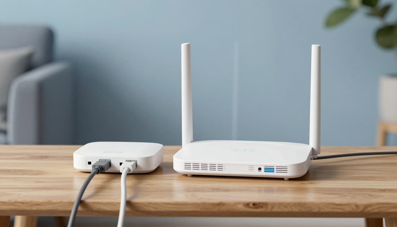 Modern overhead illustration of a home modem and router unplugged from power outlets on a wooden desk in a cozy living room, with power cables dangling off the edge.
