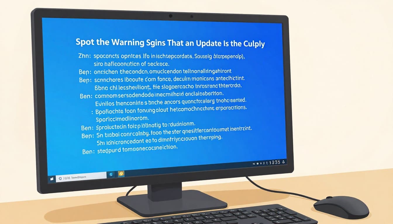 Modern side-angle illustration of a Windows PC desktop showing Blue Screen of Death (BSOD) with generic error code on the monitor, keyboard and mouse nearby, clean shapes and soft lighting.