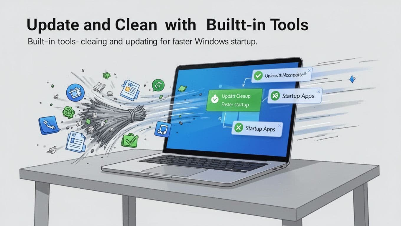 Modern illustration of a laptop undergoing Windows cleanup and update, with icons showing junk files swept away, updates completing, and speed lines for quicker boot times.