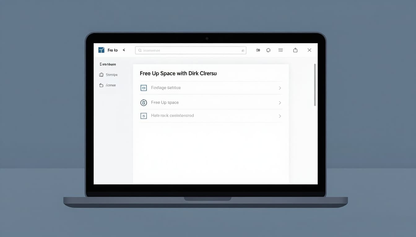 Modern illustration in clean blue-gray palette showing Windows Settings Storage Sense screen with cleanup options selected on a laptop on a desk, strong composition, no people, no readable text, no watermarks.