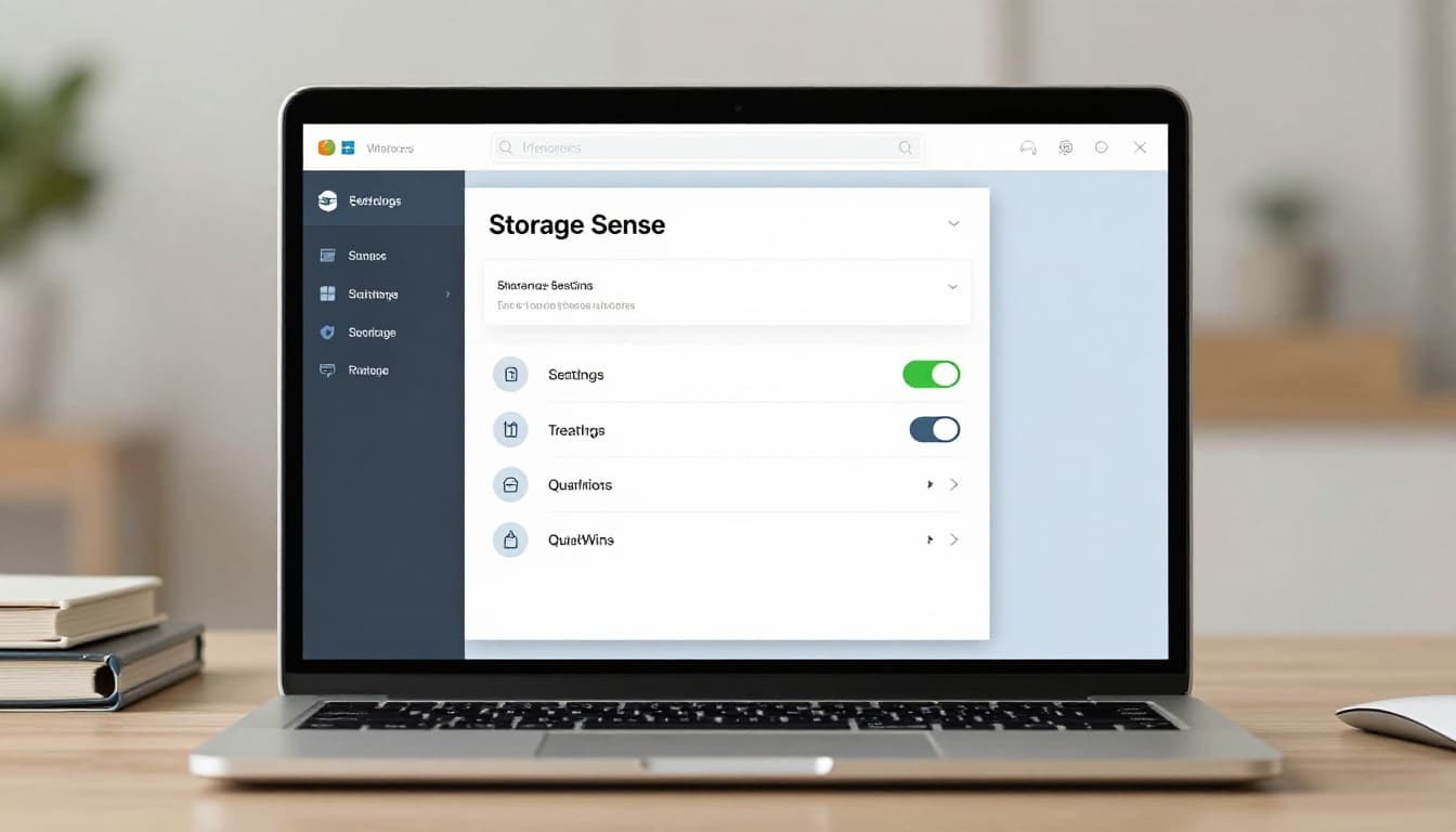 Modern illustration of a laptop screen displaying the Windows Settings Storage Sense interface with toggle enabled, on a simple desk with keyboard and mouse, soft natural lighting.