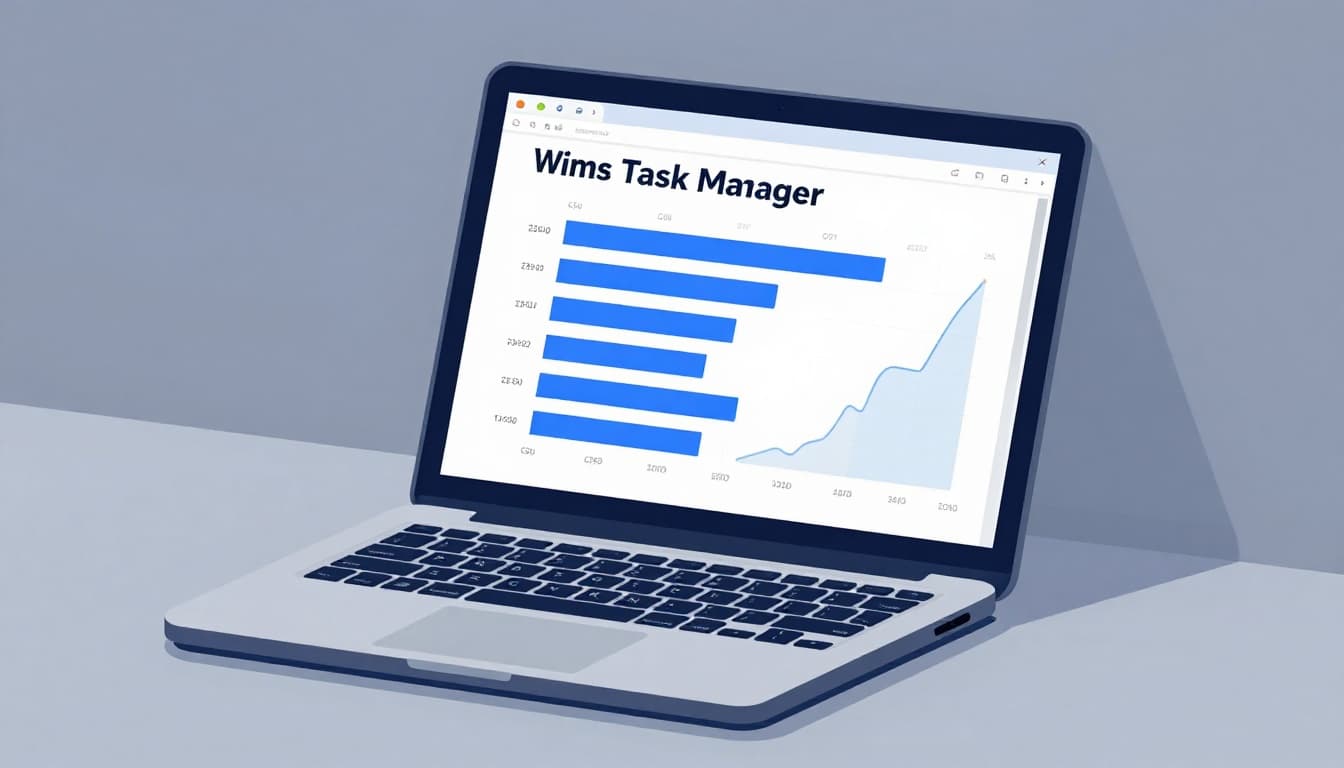 Modern illustration of a laptop screen angled on a simple desk, displaying the Windows Task Manager Processes tab highlighting an app with high CPU usage bar amid background graphs.