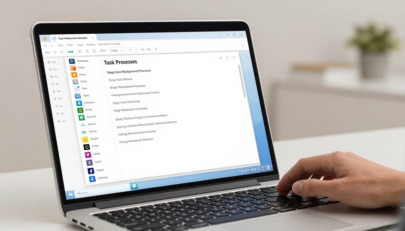 Modern illustration of Windows laptop with Task Manager open to Processes tab sorted by CPU usage, highlighting high resource apps, hand on trackpad on office desk.