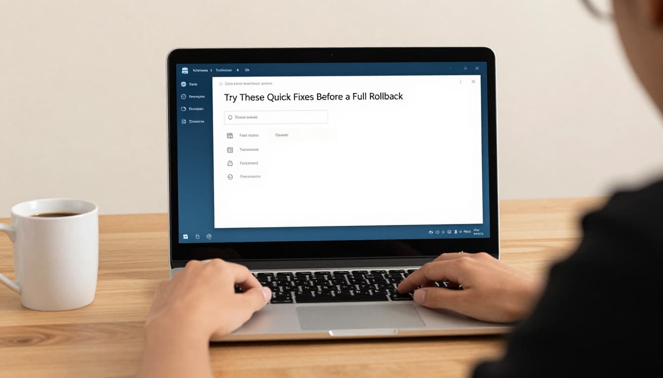 A person sits at a simple office desk with a laptop displaying the open Windows troubleshooter settings window, hands resting on the keyboard, and a coffee mug nearby, depicted in a modern illustration style with warm lighting.