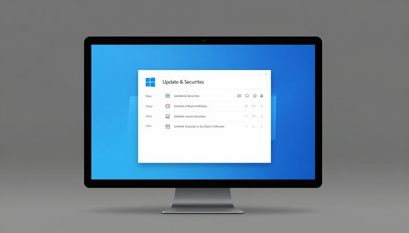 Modern illustration of a desktop computer screen showing the Windows Update & Security settings window with the uninstall updates option, in a minimal desk setup with front view composition, clean shapes, blue-gray-white palette, bright screen glow, and soft lighting.